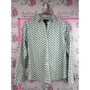 Lands' End shirt long sleeve White Button-Up Shirt with Teal Leaf Print